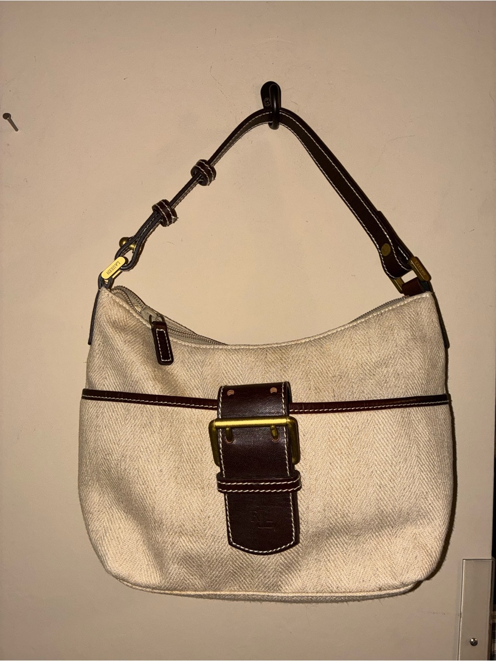 Ralph Lauren Cream Canvas Shoulder Bag with Brown Leather Trim